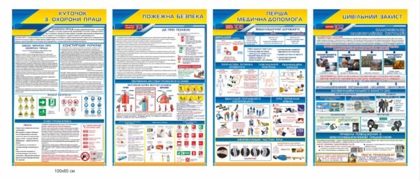 Комплект стендів з безпеки “Куточок з охорони праці. Пожежна безпека. Перша медична допомога. Цивільний захист”