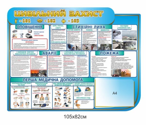 Стенд з цивільного захисту “Оповіщення. Аварії. Перша медична допомога”